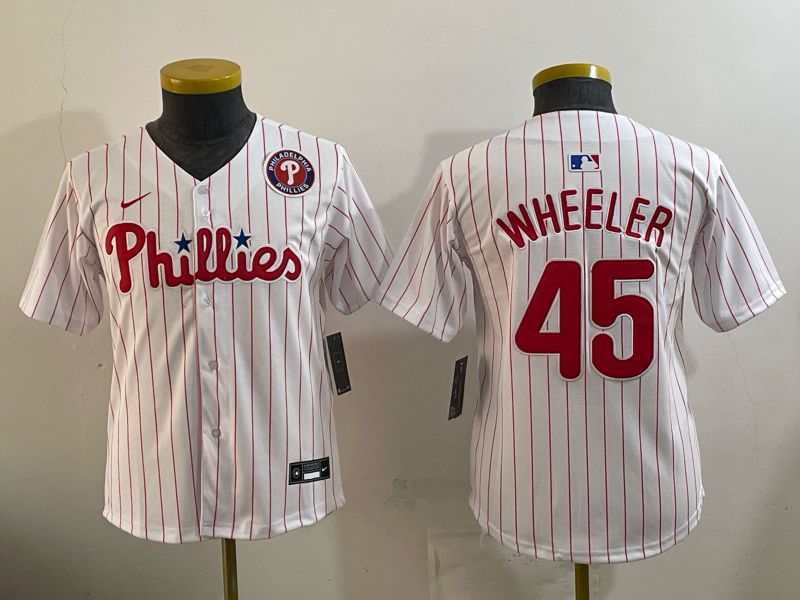 Youth 2026 Philadelphia Phillies #45 Wheeler White Game Nike MLB Jersey style 06->youth mlb jersey->Youth Jersey